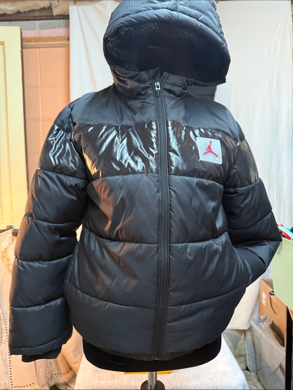Jordan Black Hooded Puffer Jacket with Shiny Panel